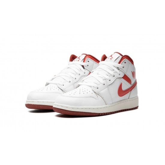 GradeSchool Nike Air Jordan 1 Mid White Dune Red FJ3464-160 Shoes