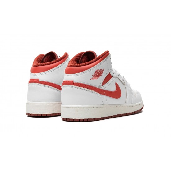 GradeSchool Nike Air Jordan 1 Mid White Dune Red FJ3464-160 Shoes