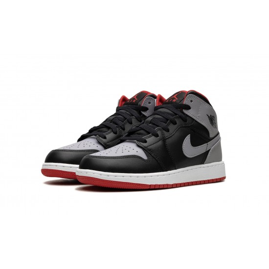 GradeSchoolNike Air Jordan 1 Mid Black Grey Red DQ8423-006 Shoes