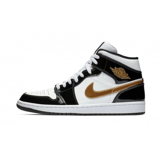 Nike Air Jordan 1 Mid Mens Black Gold Patent Leather 852542-007 Shoes